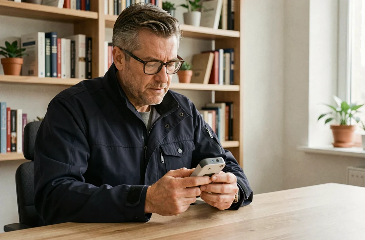 Homme examinant un appareil connecté intelligent sur un bureau minimaliste à domicile, tendances tech 2024