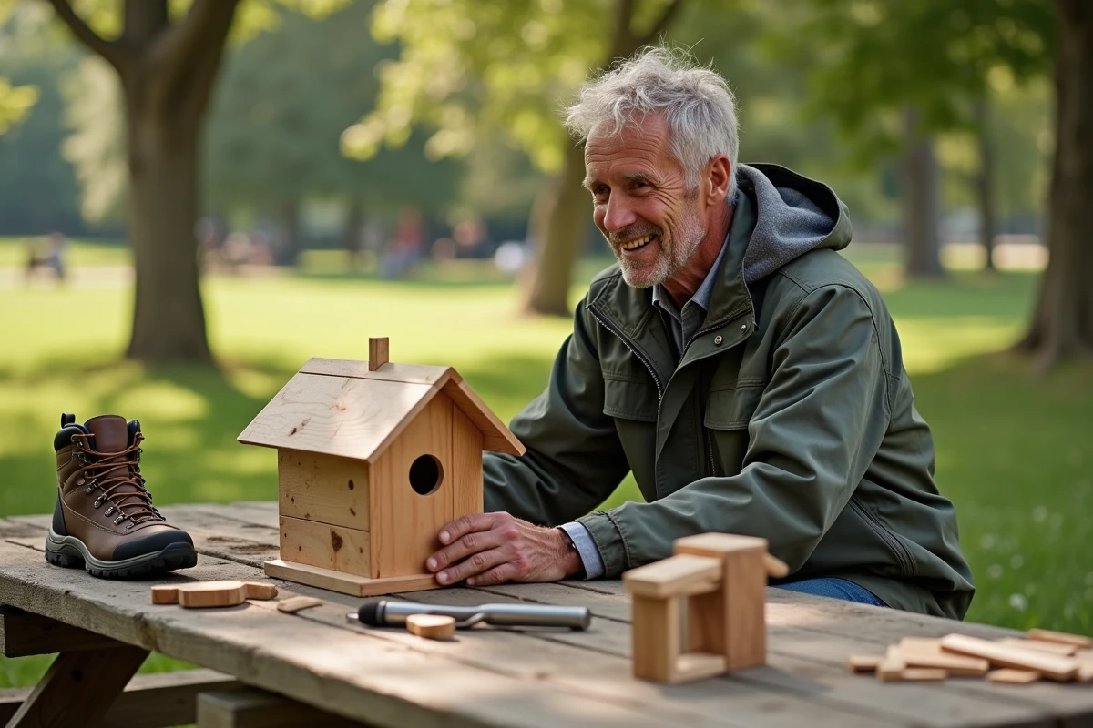Homme construisant une cabane à oiseaux dans un parc ensoleille