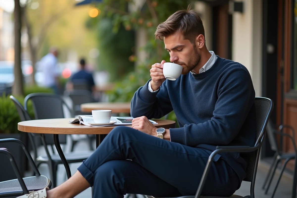 Jeune homme en café tendance dégustant un café en ville