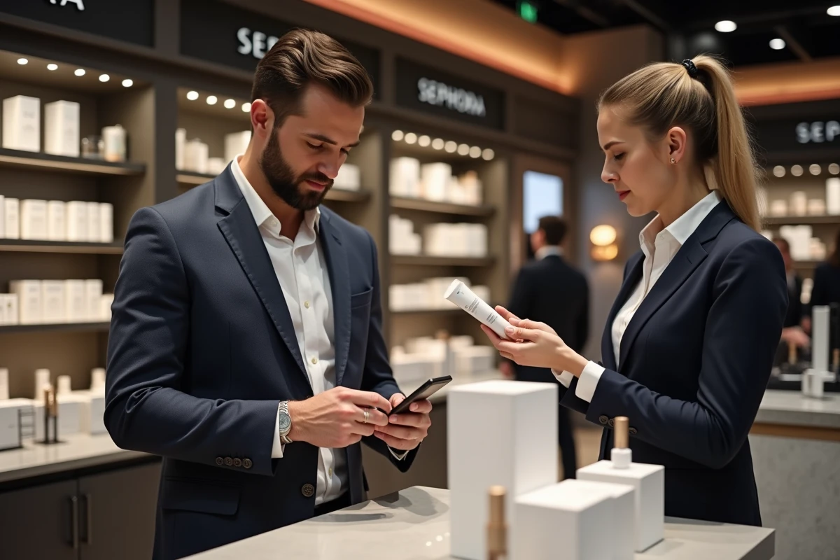 Homme en blazer examine produits de soin en magasin