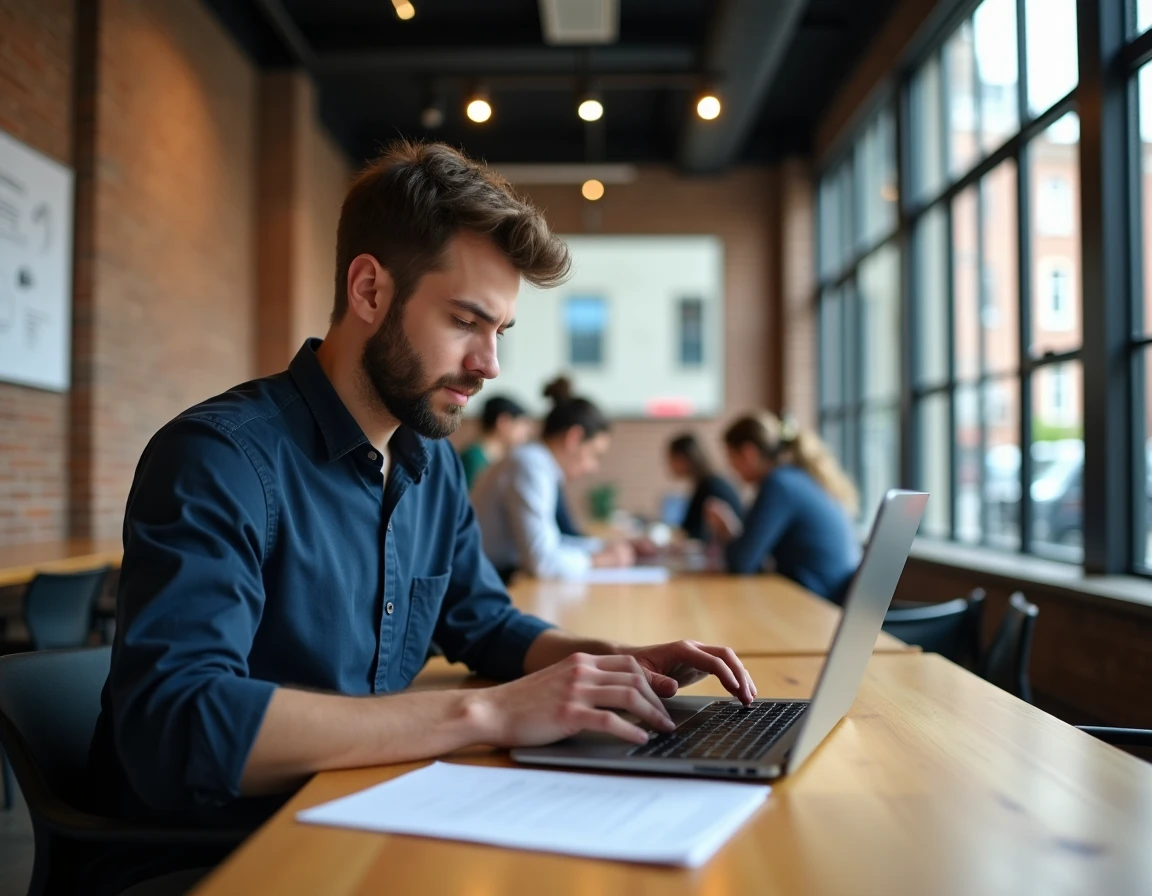 Homme en espace de co-working consultant ses certifications en ligne pour optimiser sa recherche d'emploi