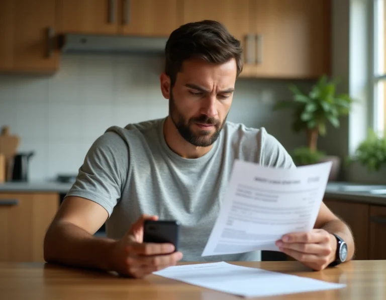 Homme consultant sa facture de forfait mobile Free avec un smartphone posé sur une table en bois