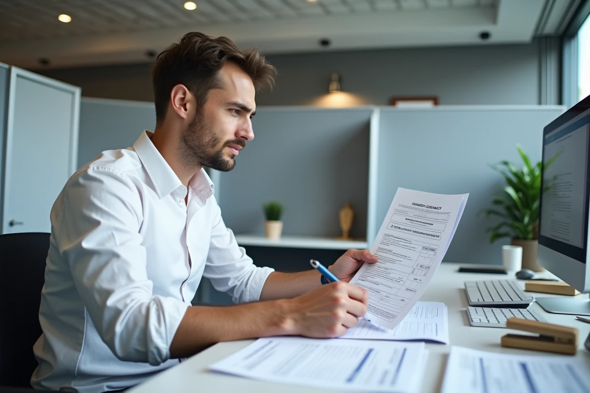 Homme consultant un formulaire cerfa imprimé dans un bureau professionnel pour une fiche d'immeuble