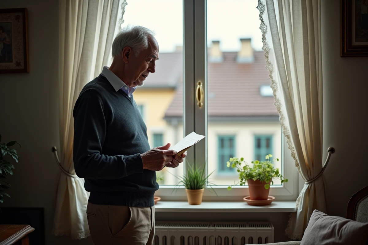 Homme âgé lit une lettre près de la fenêtre urbaine