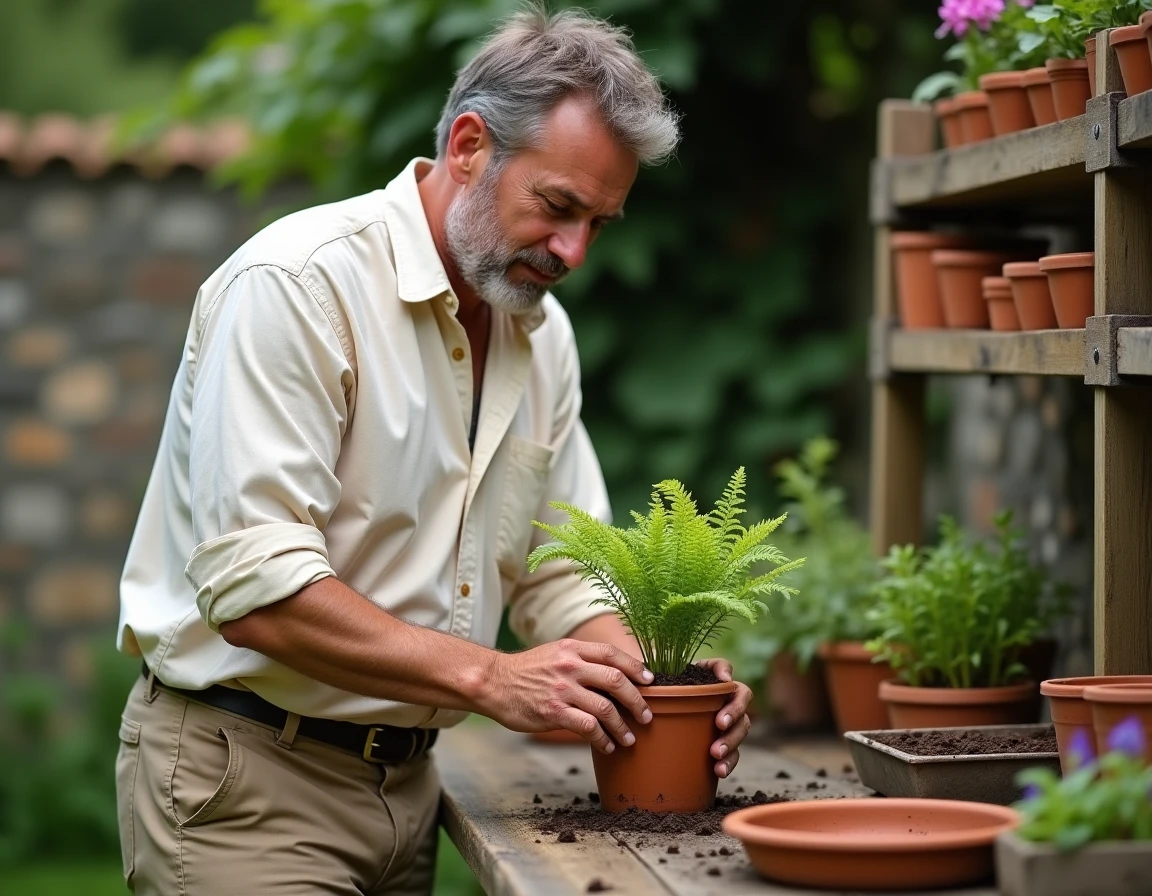 Homme rempotant une fougère dans un jardin naturel avec mur en pierre et plantes grimpantes