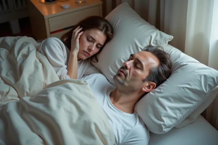 Homme ronflant dans son lit pendant que sa partenaire tente de dormir malgré le bruit, illustrant la ronchopathie