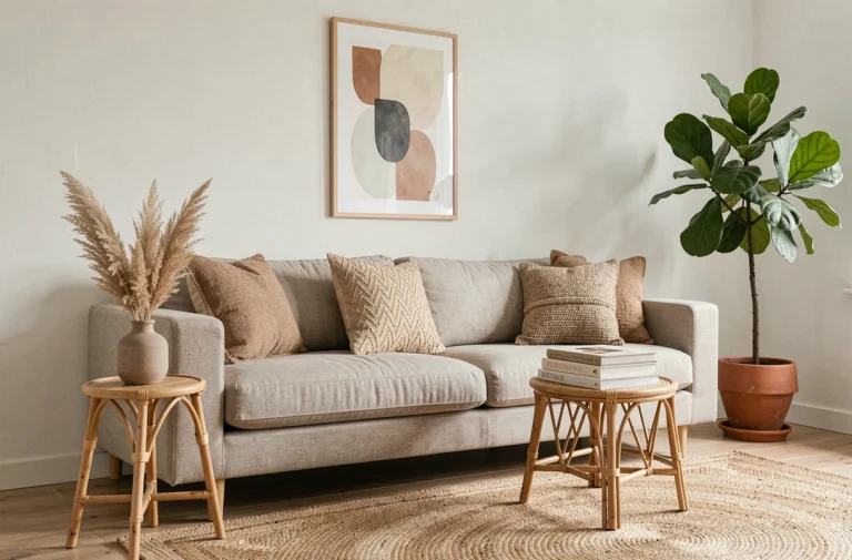Salon scandinave moderne décoré avec des coussins en lin, une table en rotin et des herbes de la pampa séchées dans un vase en céramique