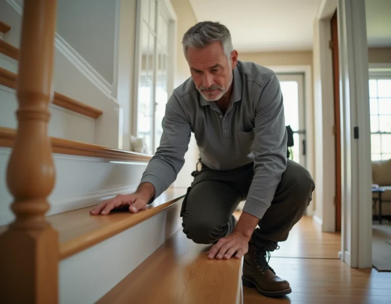 Entrepreneur inspectant la solidité des marches d'un escalier en bois dans une maison résidentielle