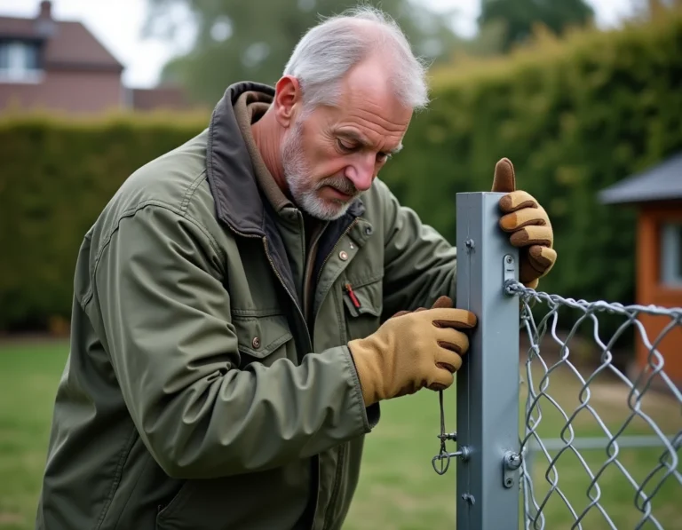 Homme installant une rallonge de poteau sur un grillage de jardin en milieu résidentiel