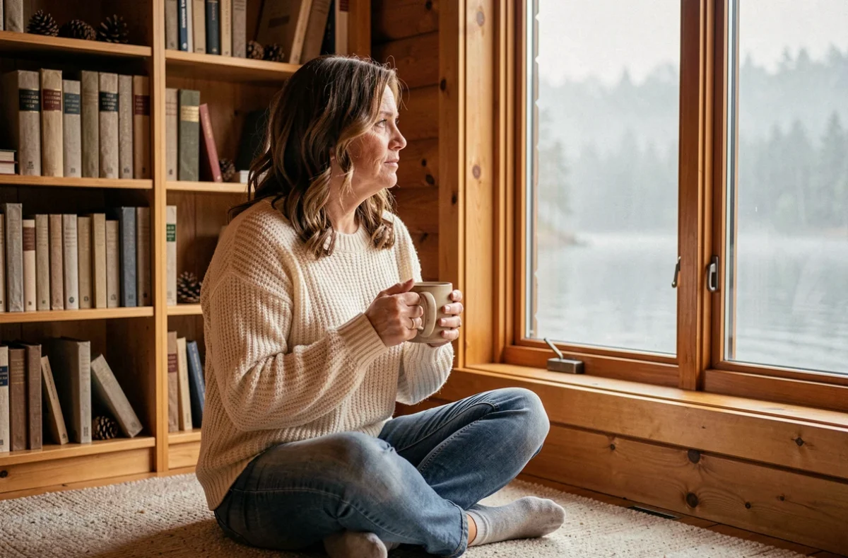 Femme dans un chalet au bord d'un lac tenant une tasse en céramique, vue sur le lac brumeux par une grande fenêtre, intérieur chaleureux en bois naturel