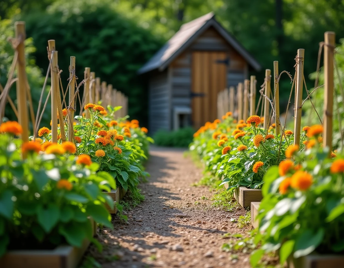 Jardin potager productif avec tomates, capucines et calendulas en fleurs le long d'une allée de gravier