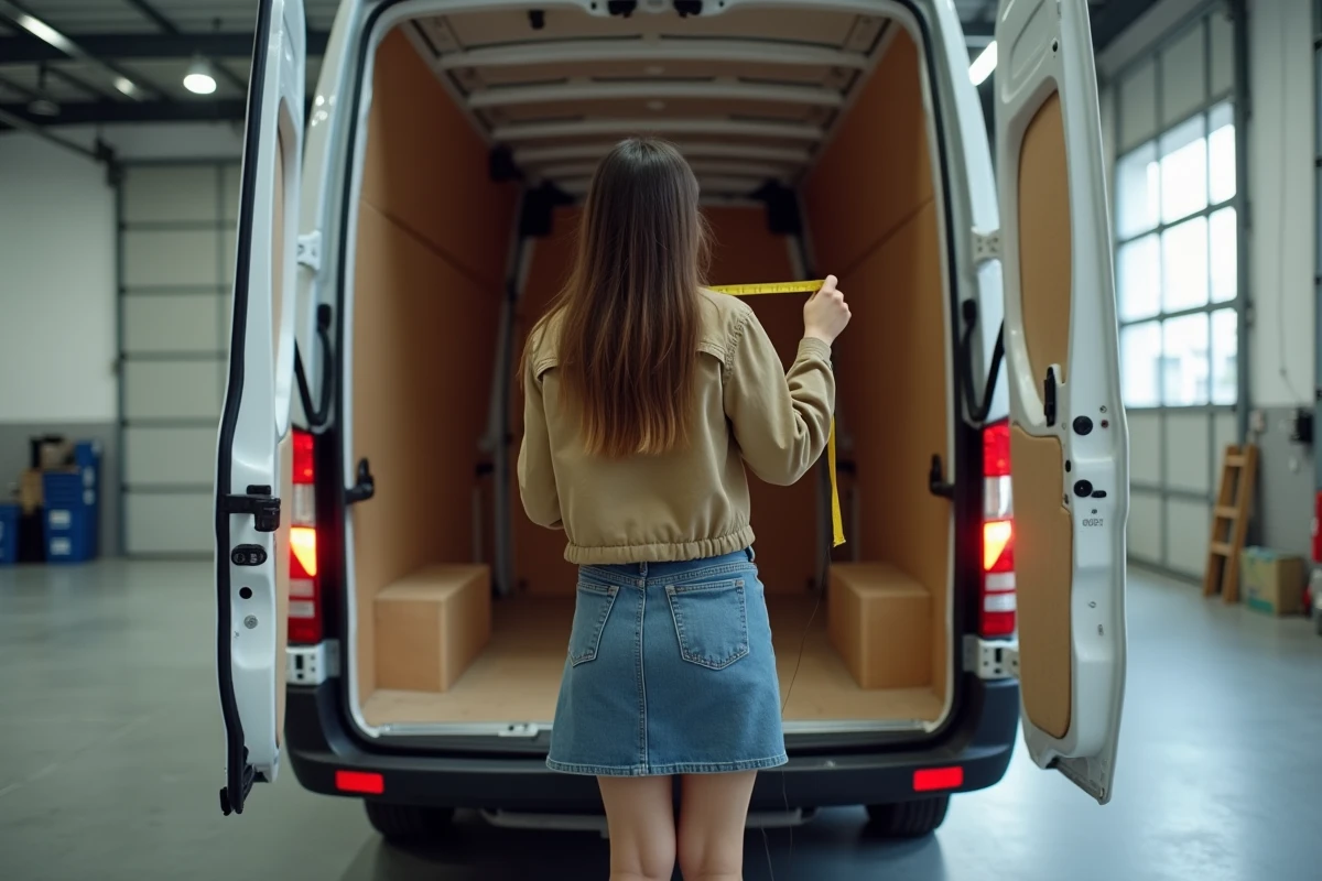 Jeune femme mesurant l’intérieur d’un van vide avec un ruban