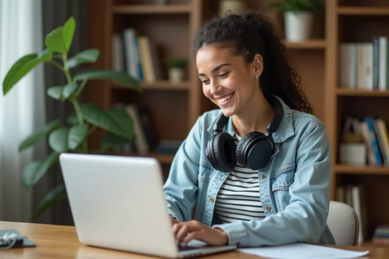 Jeune femme souriante avec ordinateur à la maison