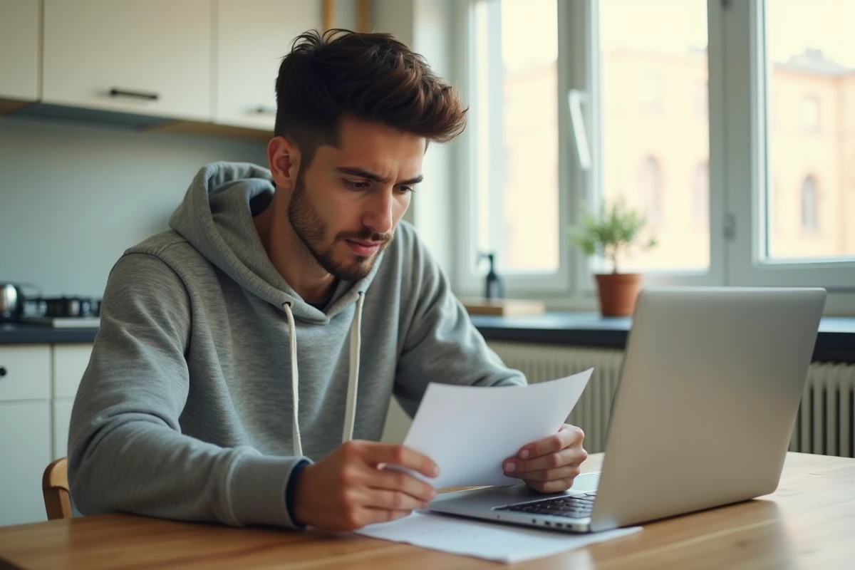 Jeune homme lisant une lettre officielle de logement social à son domicile, démarches suite à un avis favorable en commission d'attribution