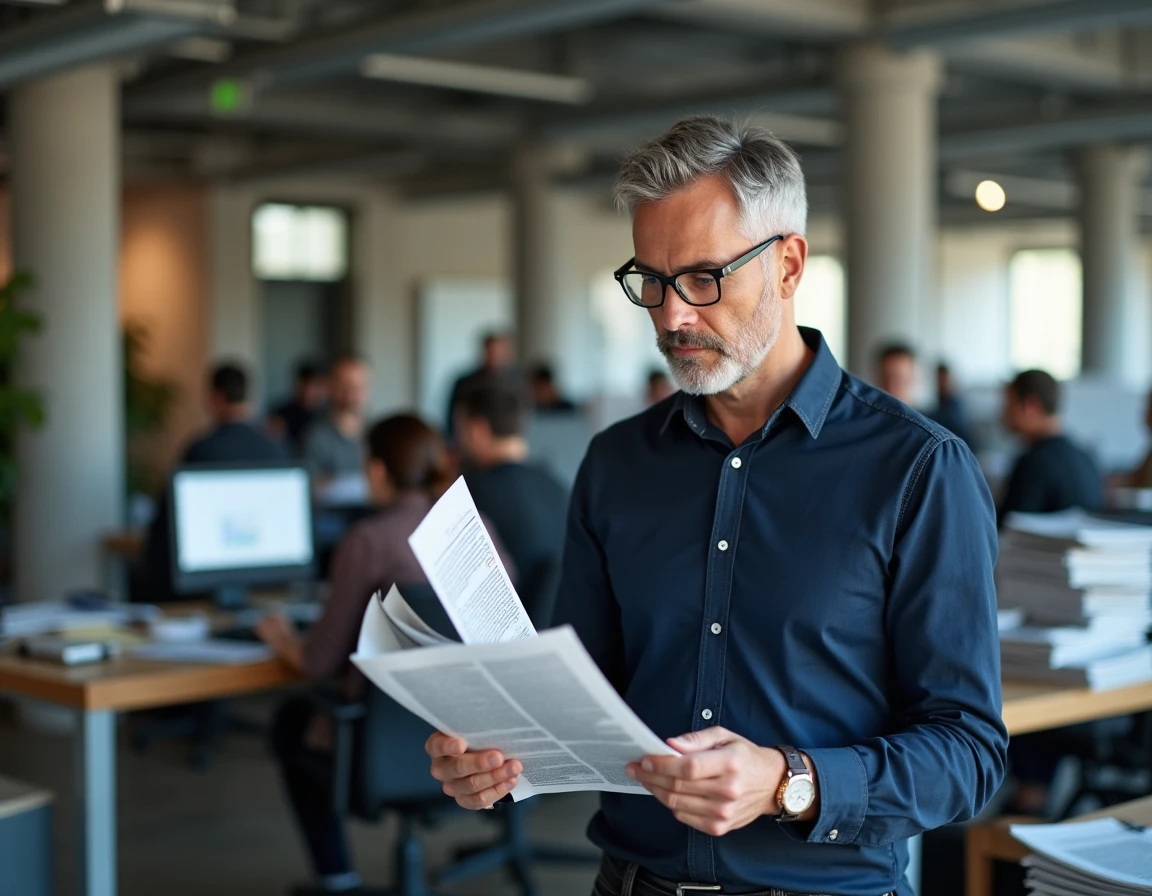 Journaliste dans une salle de rédaction comparant presse papier et magazine numérique
