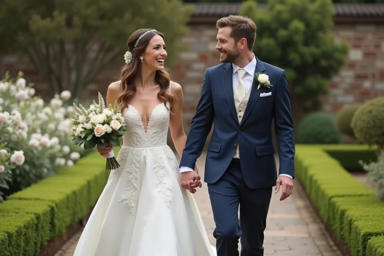 Jeune couple de mariés dans un jardin romantique