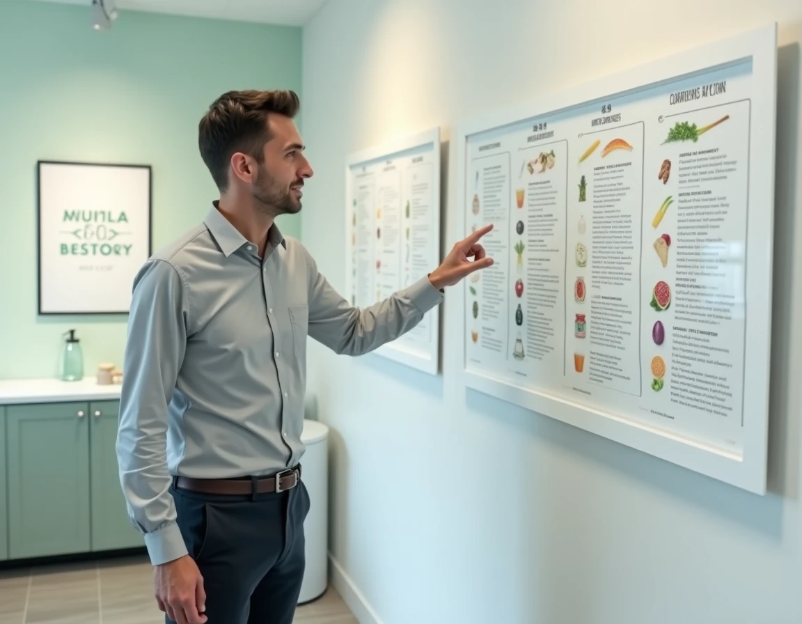 Nutritionniste expliquant un programme alimentaire Dietplus devant un tableau nutritionnel en clinique