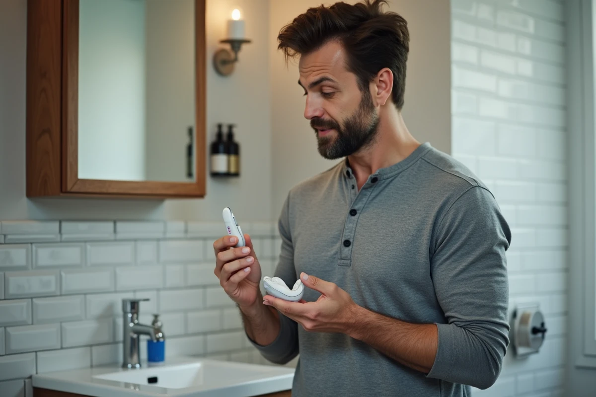 Homme tenant une orthèse d'avancée mandibulaire anti-ronflement dans sa salle de bain, solution contre la ronchopathie