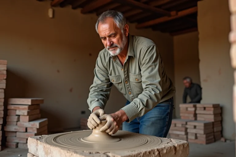 Ouvrier façonnant de l'argile dans un atelier en briques