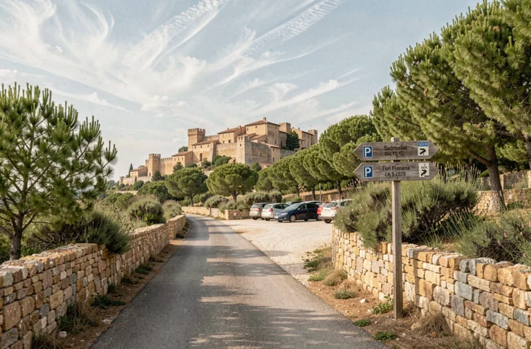 Route sinueuse menant au village des Baux-de-Provence avec panneau de parking et voitures garées dans un petit parking ombragé sous les pins