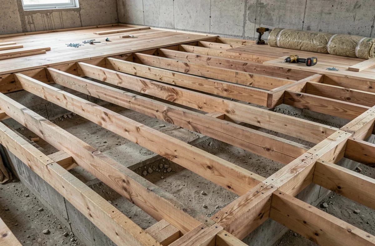 Structure de plancher en charpente bois avec solives parallèles et lambourdes perpendiculaires dans une maison en construction