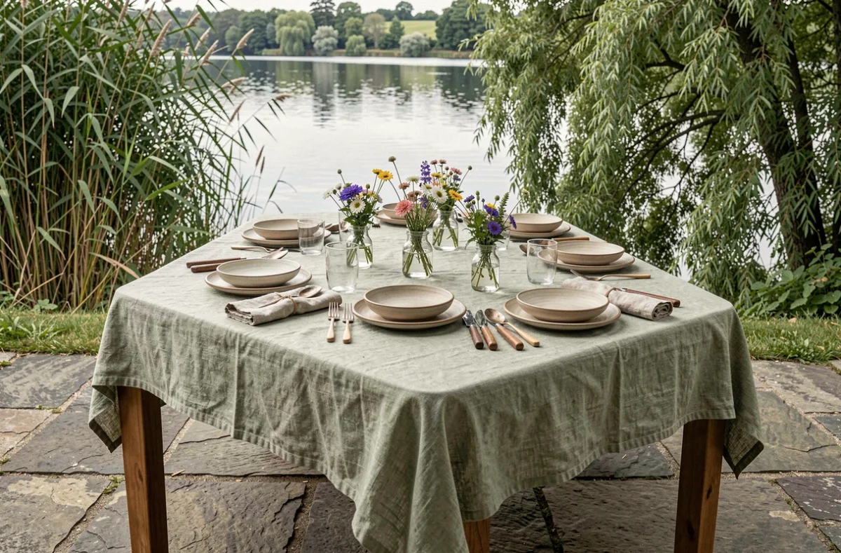 Table de repas en plein air au bord d'un lac sur terrasse en pierre, vaisselle artisanale en céramique, nappes en lin et bouquets de fleurs sauvages, cadre naturel lacustre