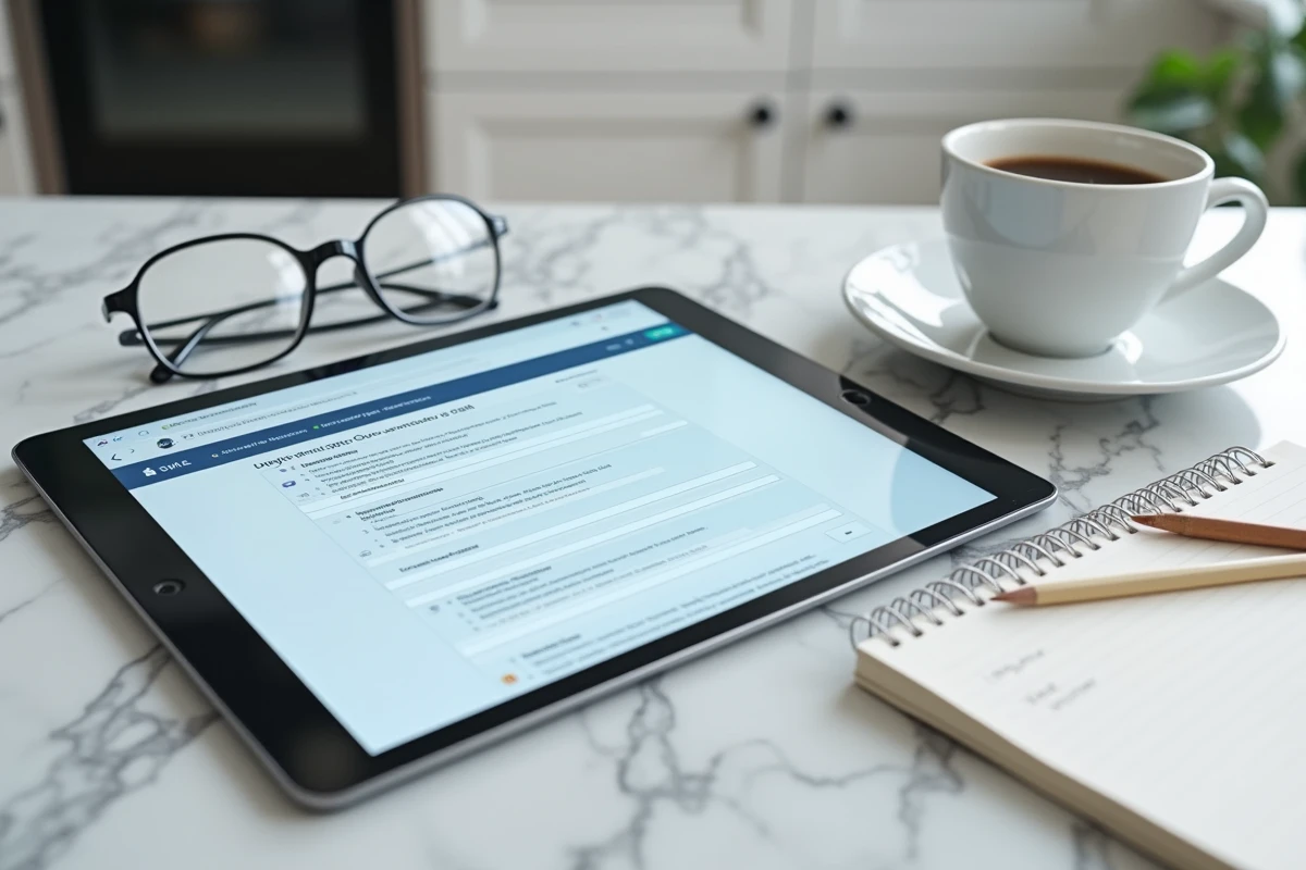 Tablette affichant le formulaire cerfa 3233 SD en ligne sur un comptoir de cuisine avec carnet de notes