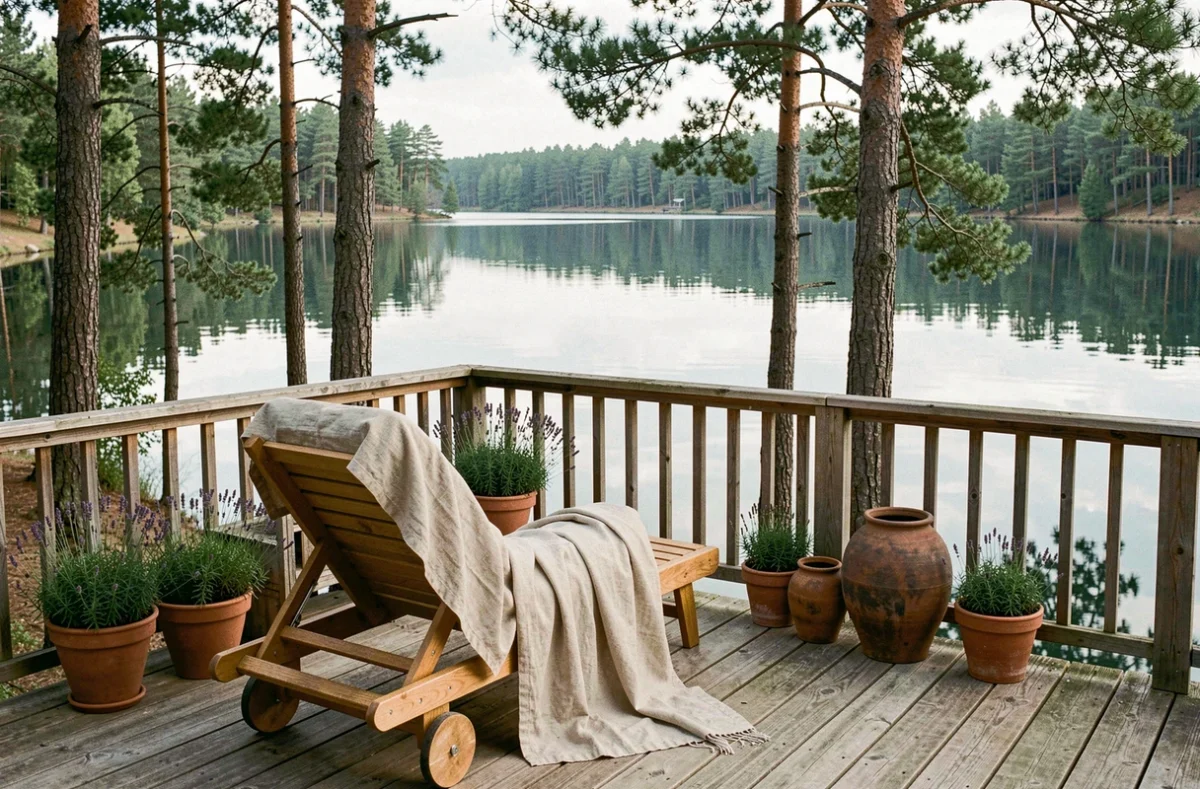 Terrasse en bois au bord d'un lac avec mobilier en chêne naturel, fauteuil en lin et plantes en pot, ambiance paisible et décoration rustique chic