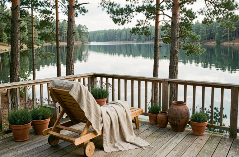 Terrasse en bois au bord d'un lac avec mobilier en chêne naturel, fauteuil en lin et plantes en pot, ambiance paisible et décoration rustique chic