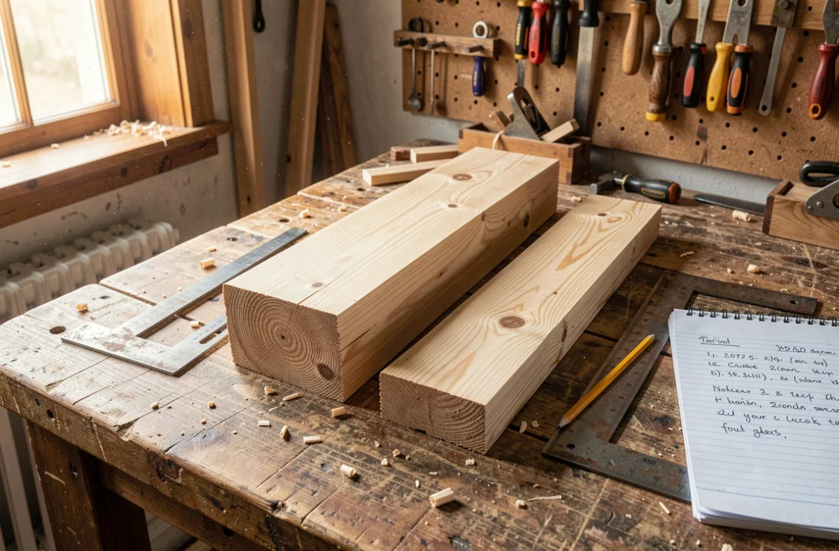 Vue en plongée de deux sections de bois de charpente, solive et lambourde, posées sur un établi de menuisier avec outils de mesure