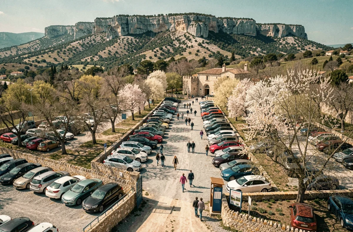 Vue en hauteur du grand parking organisé au pied du village des Baux-de-Provence avec rangées de voitures et chemin piéton vers l'entrée médiévale